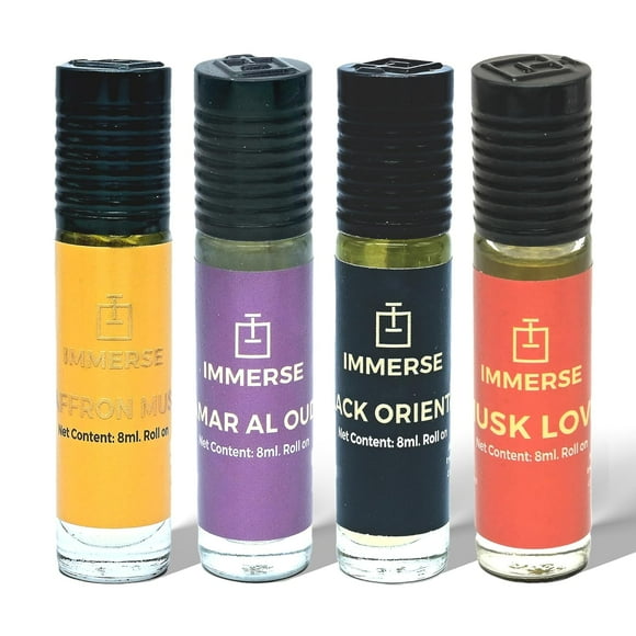 Immerse Saffron Musk + Samar Al Oudh + Black Oriental + Musk Love Attar Roll On Perfume Set For Men & Women Pack Of 4 X 8ml - 0.27 Fl.oz. Each | Premium Long Lasting Ittar- Non Alcoholic Unisex Attar