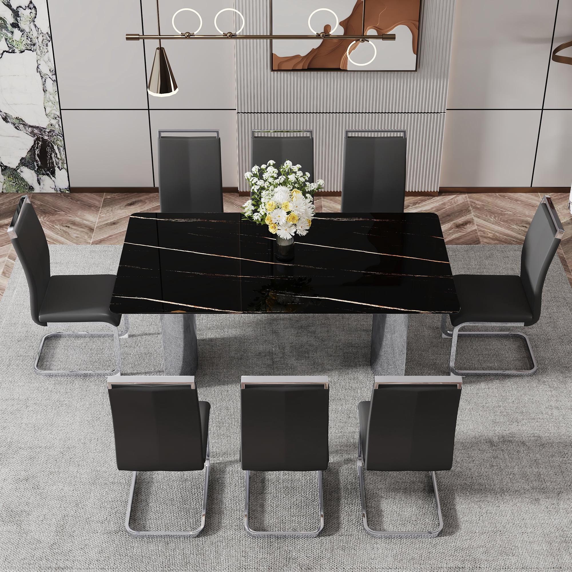 TesNus 71" Modern Marble Dining Table, Black Faux Marble Rectangle Table with Chrome Plated Metal Legs for Dining Room and Kitchen