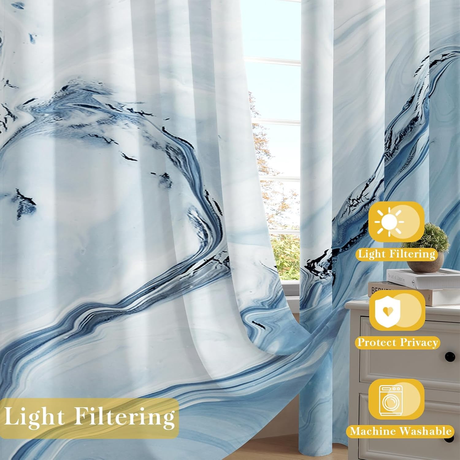 Marble Blackout Curtains for Bedroom Windows, Modern Abstract Print Curtains for Living Room, Blue Dining Room Curtain Draperies 2 Panel Sets, 52" X 84"