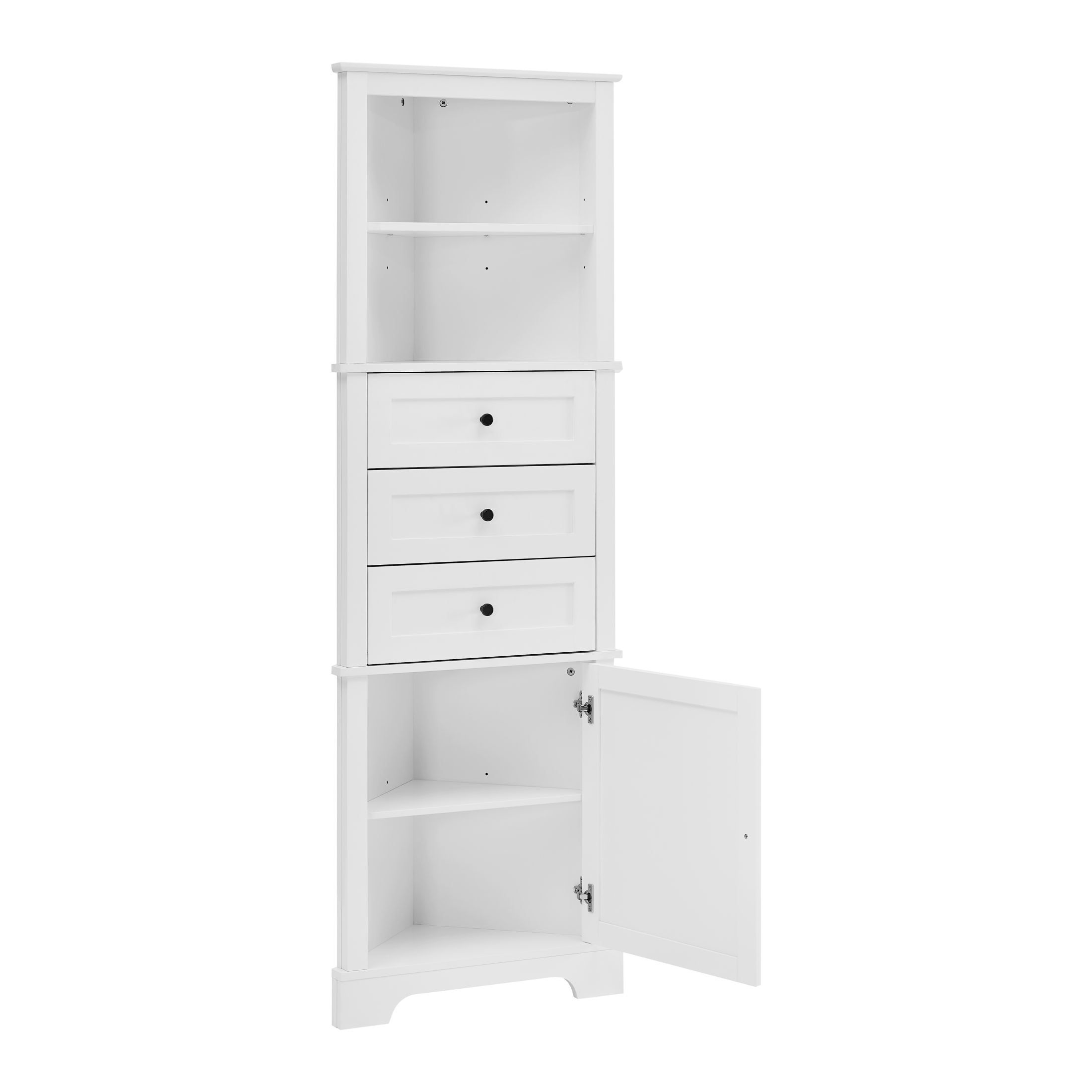 AENKYO Corner Bathroom Cabinet with Adjustable Shelves, Corner Cabinet with Open Spaces and Drawers, White