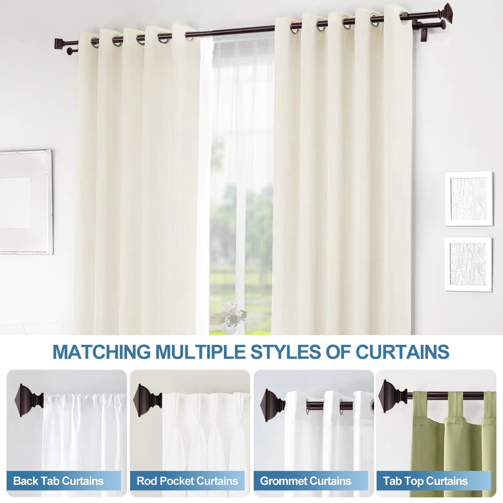 Urbanest Adjustable Double Curtain Rod Set Metal with Decorative Square Urn Finials, Heavy-Duty