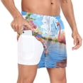 thumbnail image 2 of joogoo Men's Flamingo Flower River Swim Trunks with Liner Pocket Beach Shorts Large, 2 of 9