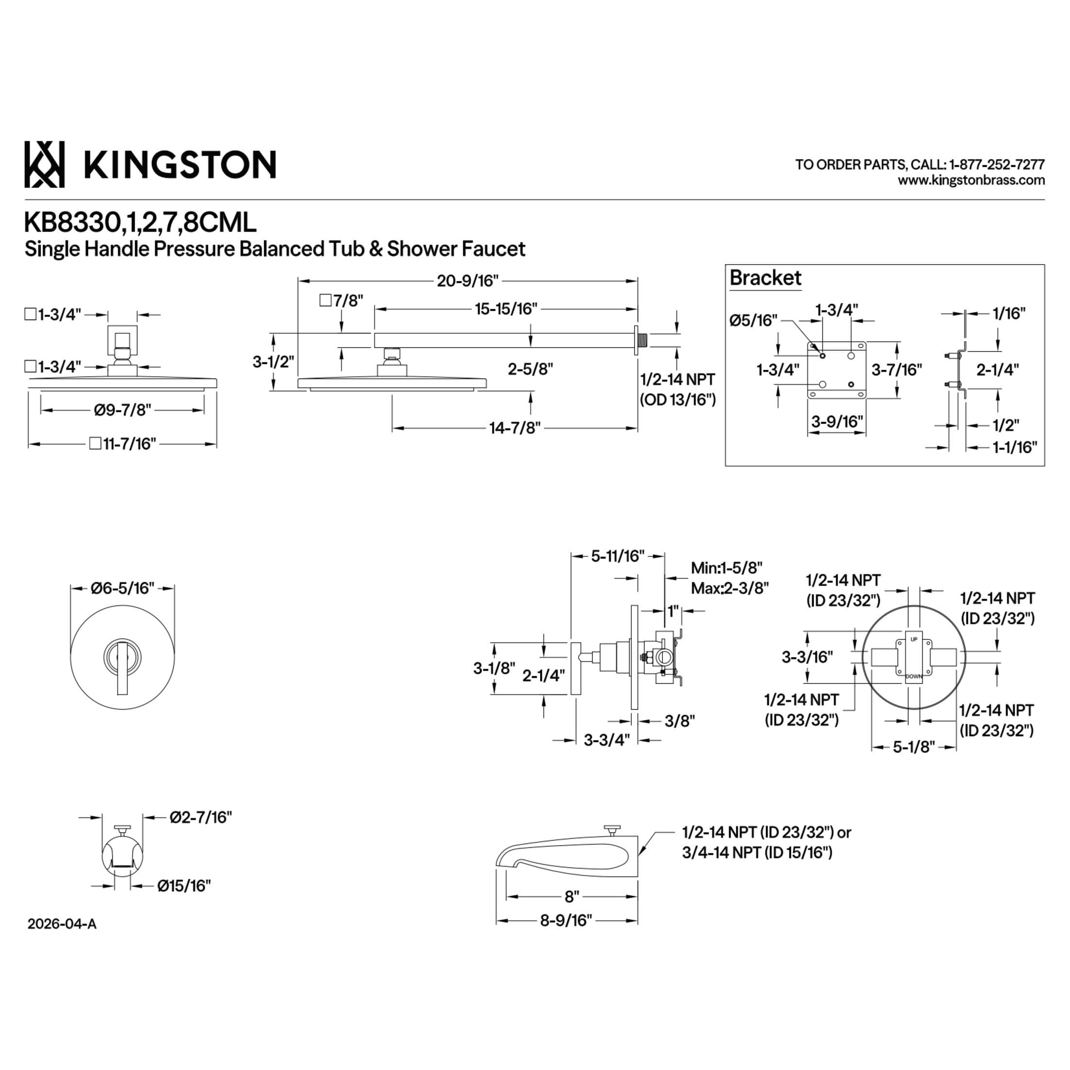 Kingston KB8331CML Manhattan Single-Handle Pressure Balanced Tub and Shower Faucet, Polished Chrome