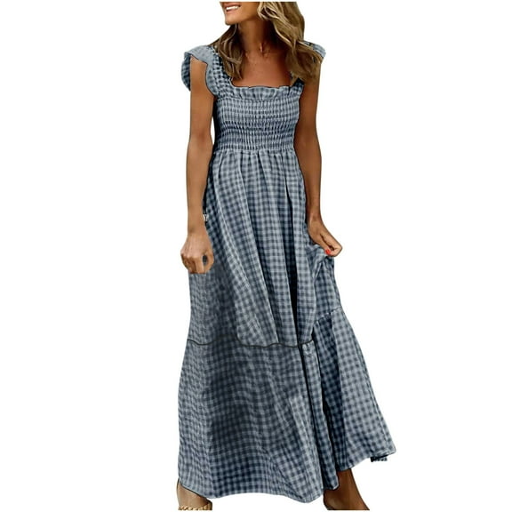 Midsumdr Summer Dresses for Women 2025 Casual Camis Print Maxi Skirts Square Collar Sleeveless Vest Long Dress