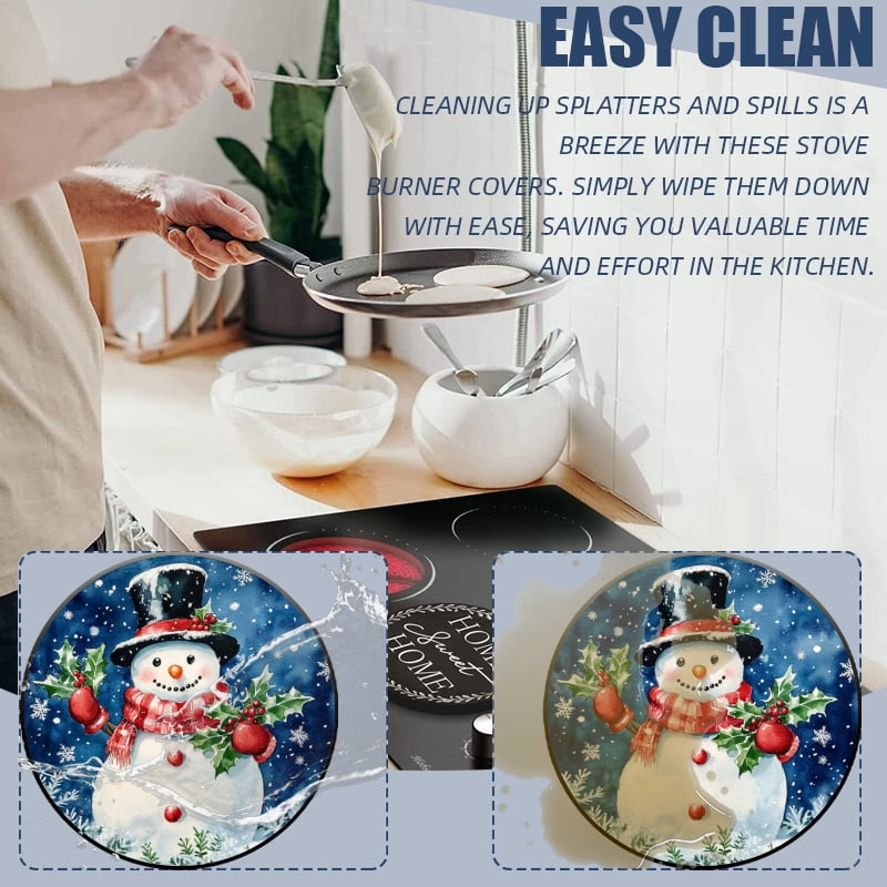 Christmas Electric Stove Burner Covers for Electric Stove, Blue Snowman Snowflakes Round Decorative Metal Gas Stove Burner Covers Set of 4 for Kitchen, 8 Inches and 10 Inches