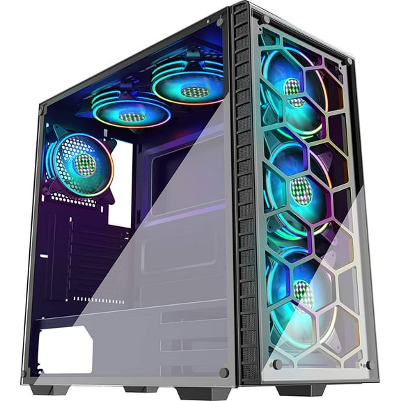 MUSETEX ATX Mid Tower PC Computer Gaming Case 6 RGB LED Fans 2 Translucent Tempered Glass,USB 3.0 Port & 2 x USB 2.0 Port,Water Cooling Radiator Support, Cable Management/Airflow, 903-D6 RGB Fans