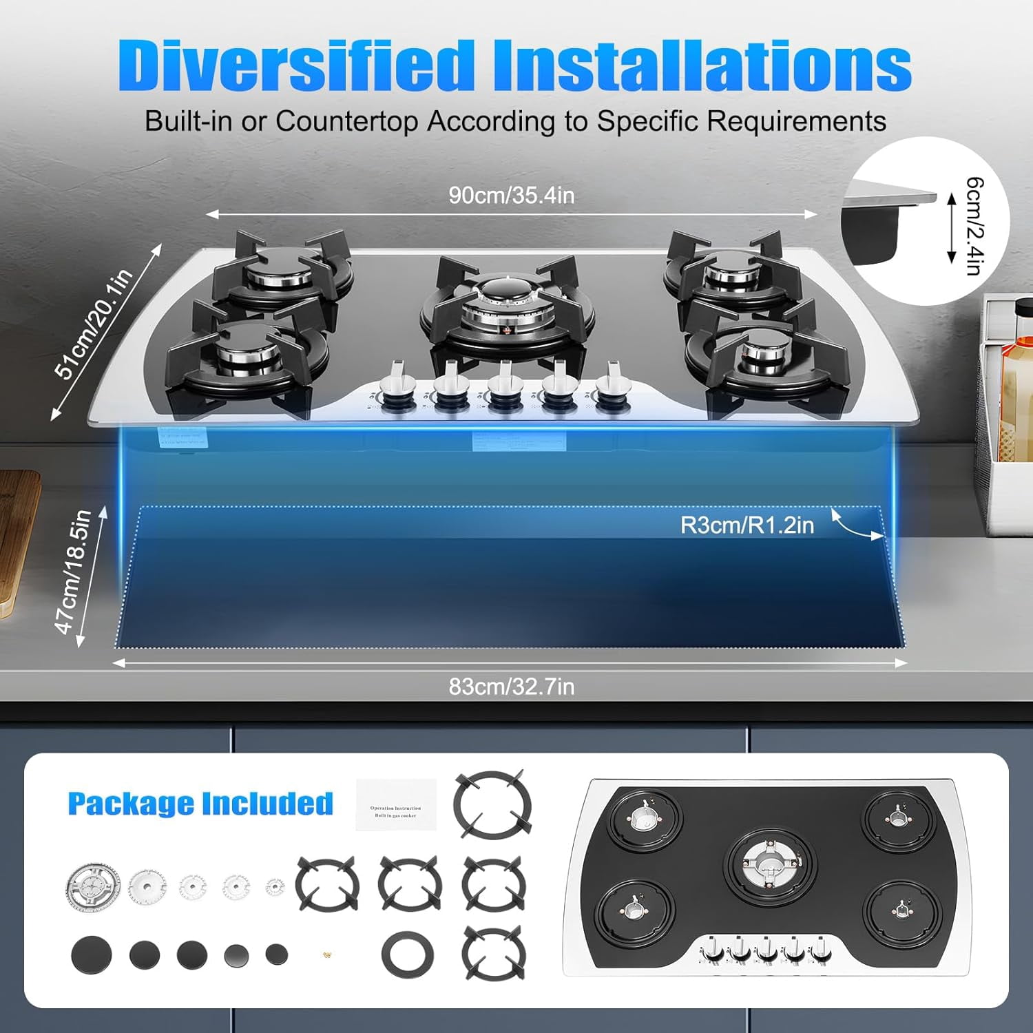 Gas Cooktop 36'' Gas Stove Top with 5 Burners, Built-In Gas Hob Suitable for Dual Fuel LPG/NG, Tempered Glass Stovetop Cooker for for Kitchen, Home, Apartments, RVs, Easy To Clean