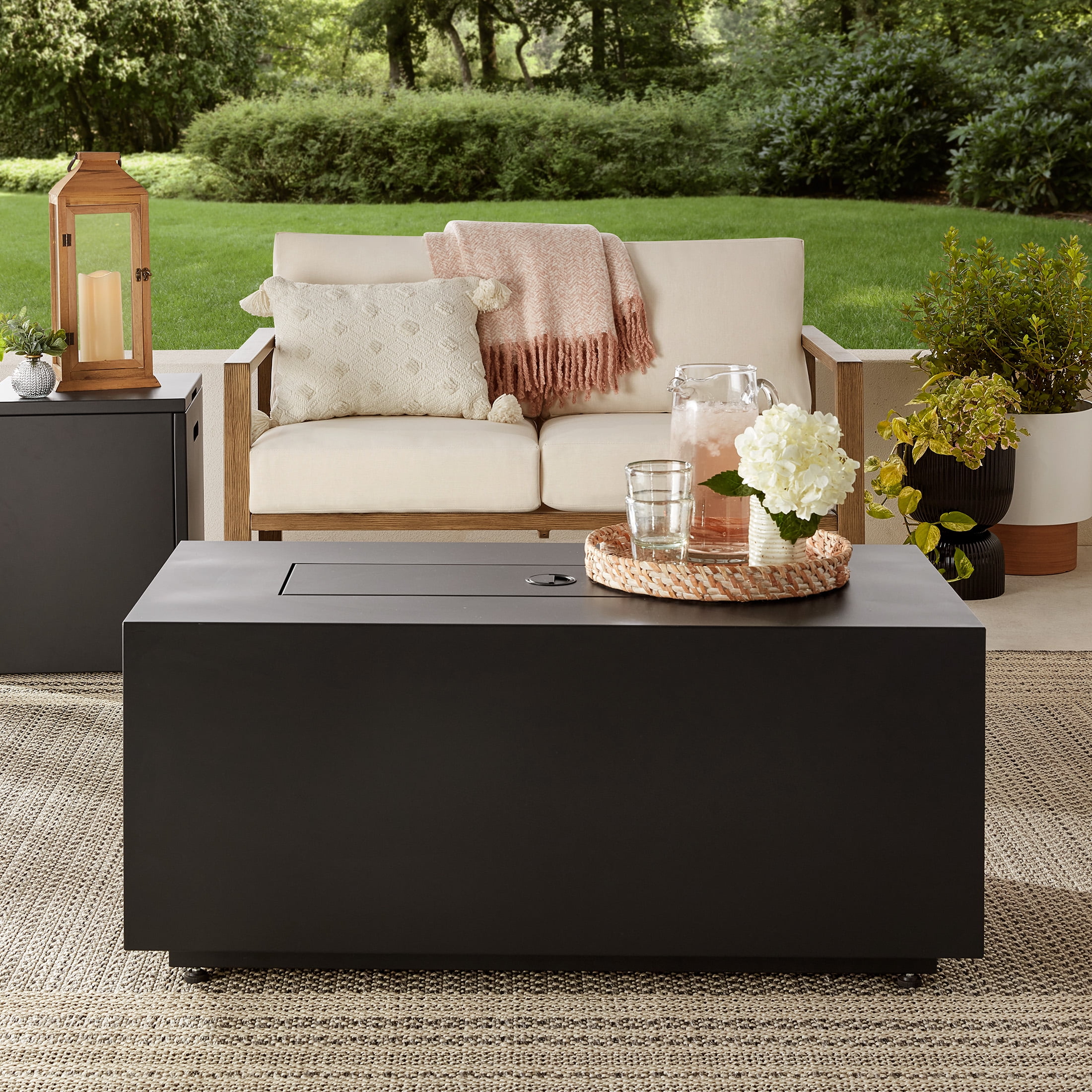 Mainstays 42" Rectangle Black Finish Modern Steel Fire Pit: 42" x 20" 50000 BTU Propane Fire Pit Table with Lid, Tank Hideaway and Cover