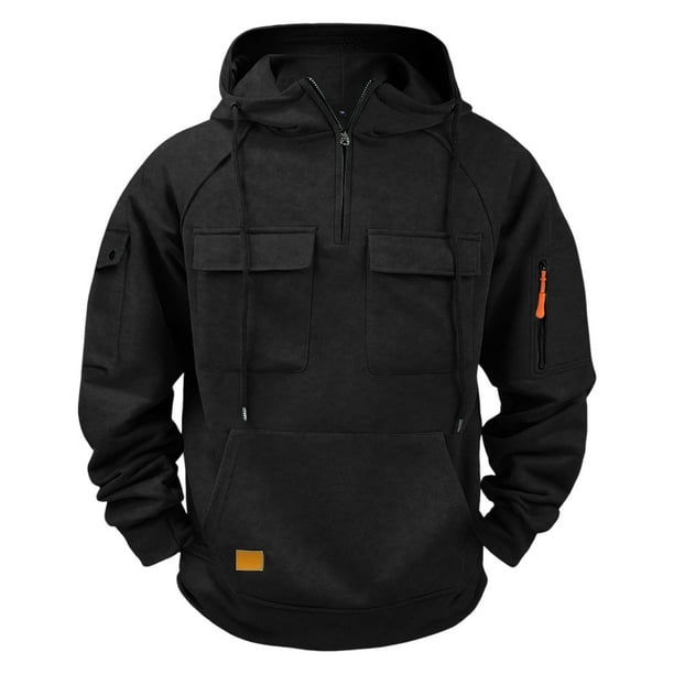 Dolkfu Sudadera con capucha de color sólido para hombre, sudadera de fitness con cuarto de cremallera y múltiples bolsillos, ropa deportiva para hombre XXXXL