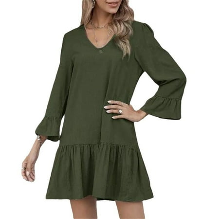 Amtdh Women s Graphic Swing Dress Clearance Solid Color Loose fit Lightweight Casual Pullover Teen Girls Cute Clothes Fashion 2023 Bell Sleeve V Neck Plus Size Fall Long Dress Green S
