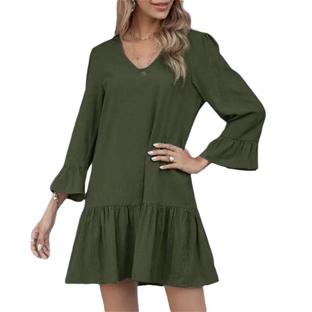 AherBiu Robes en Coton et Lin pour Femmes Manches 3/4 Col en V Droit Été Décontracté Robe Courte Ample