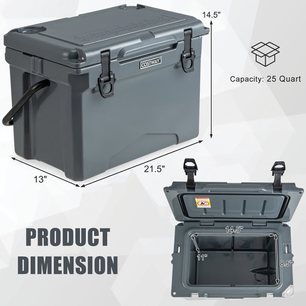 Aimee Lii 25 QT Hard Cooler with Aluminum Handle and Integrated Cup Holders, Travel Cooler, Gray