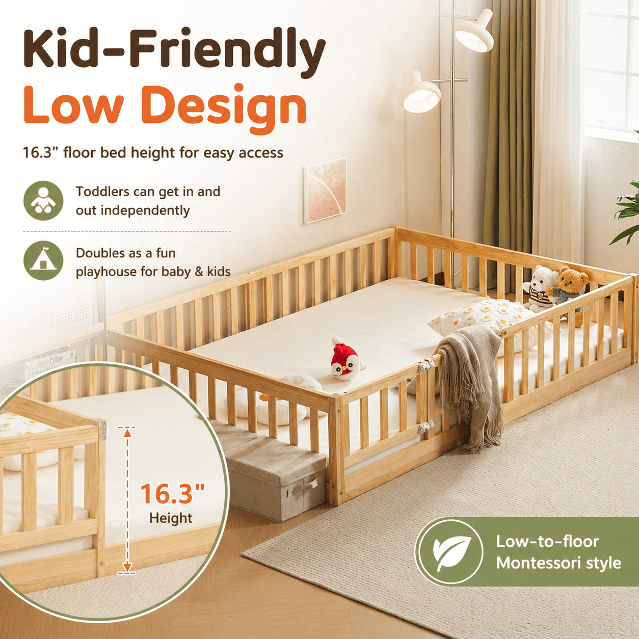 Zimtown Montessori Floor Bed Frame, Twin Size Bed with Fence and Door, Wooden Platform Bed, Natural Color