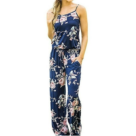 Spaghetti Strap Women Print Elastic Waist Jumpsuit