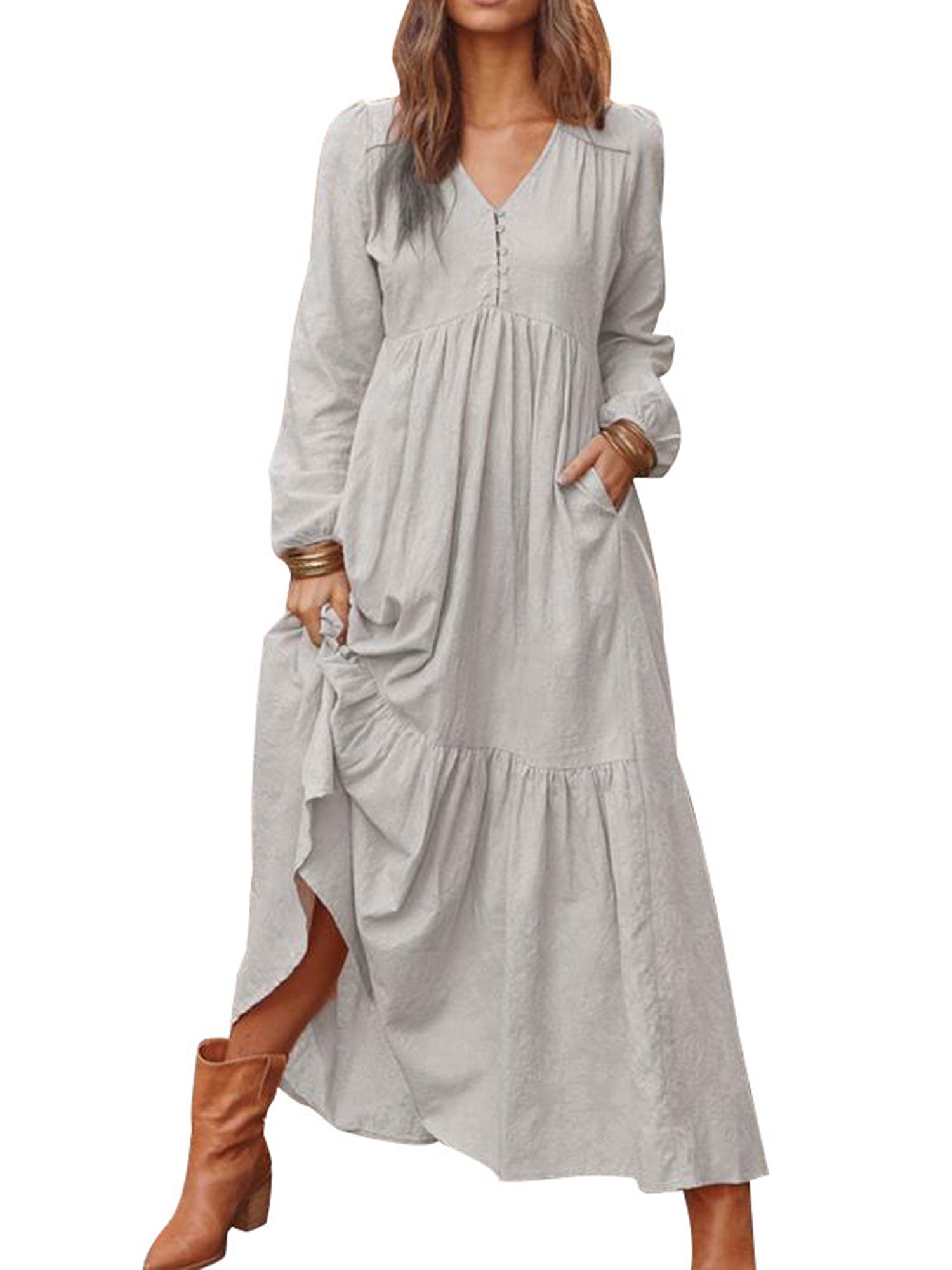Women Long Sleeve Loose Plain Maxi Dress Casual V Neck Long Dresses