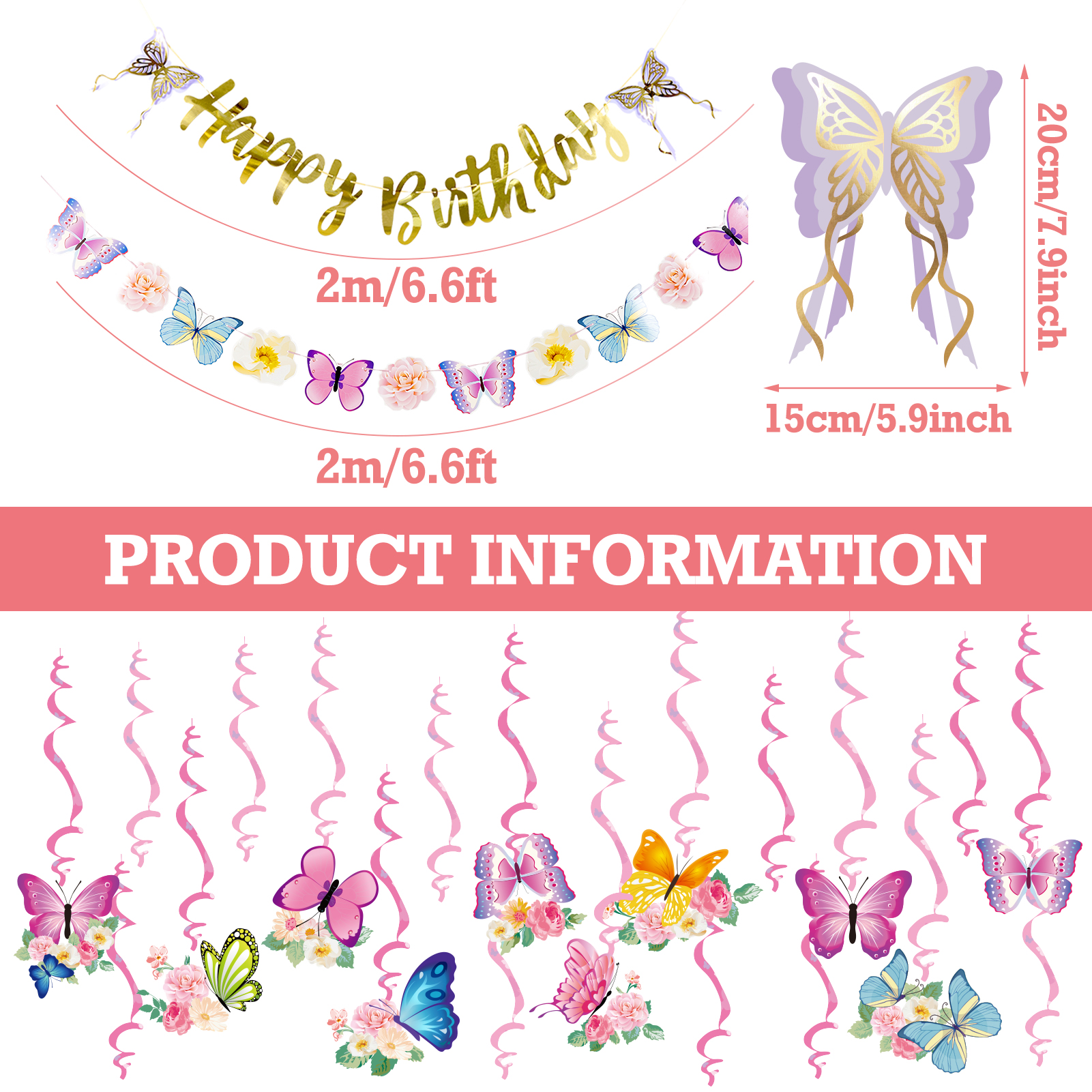 Easy Joy 22pcs Butterfly Birthday Decorations with Banner Hanging Flowers Paper Swirls for Pink Party Decoration
