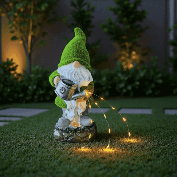Flocked Solar Garden Gnome 11in - LED Watering Can Light for Yard Decor
