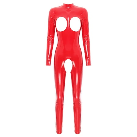 Eandarui Womens Faux Leather Hollow Out Stripper Jumpsuit Zipper Back Bodysuit Skinny Lingerie Red 3XL