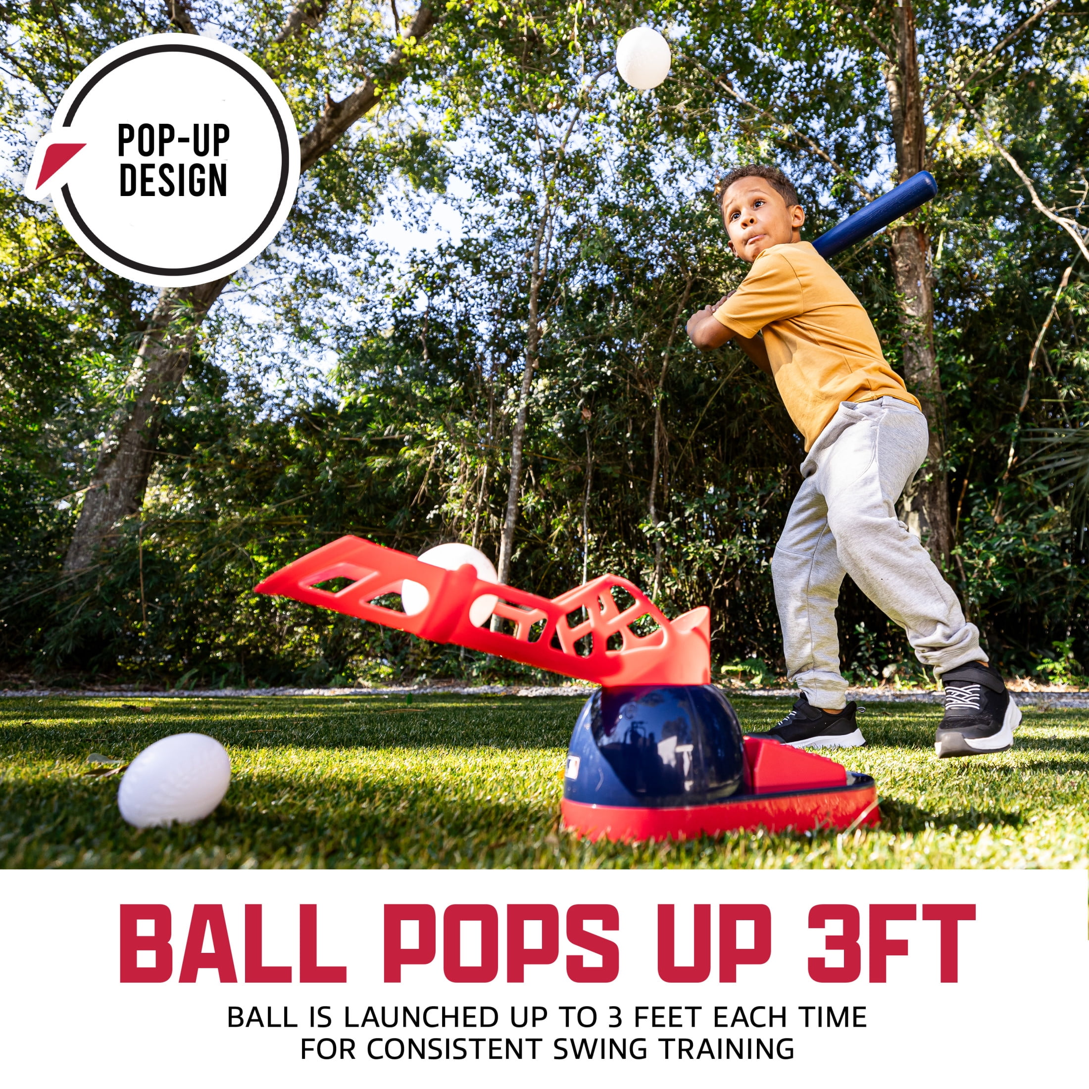 Franklin Sports MLB Pop A Pitch Kids Baseball Pitching Machine - Baseball Batting Practice Toy with Youth Bat + 3 Plastic Baseballs Included - Boys + Girls Hitting Toy Set