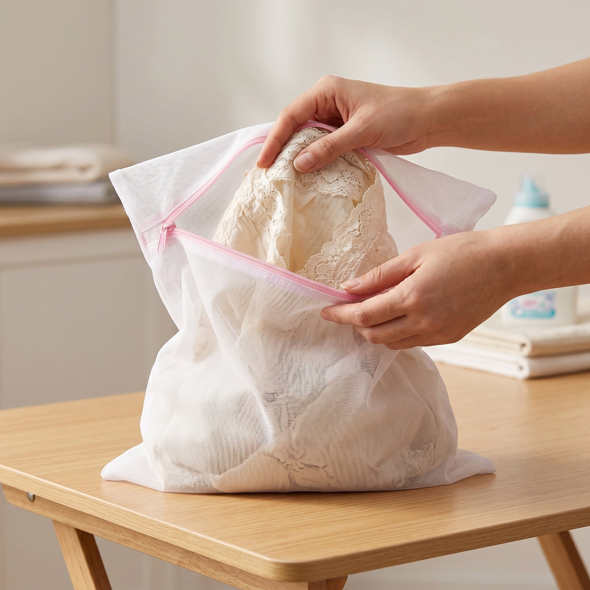Unique Bargains 3Pcs Durable Mesh Zipper Closure Laundry Bag White-Pink 11.8" x 15.7"
