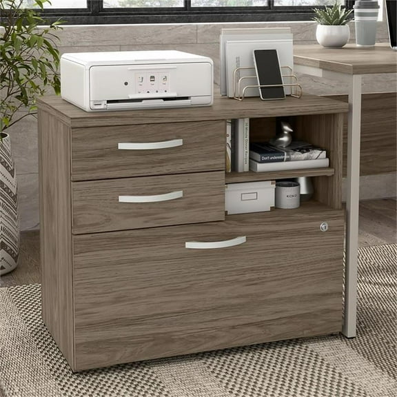 Pemberly Row Office Storage Cabinet with Drawers in Hickory - Engineered Wood