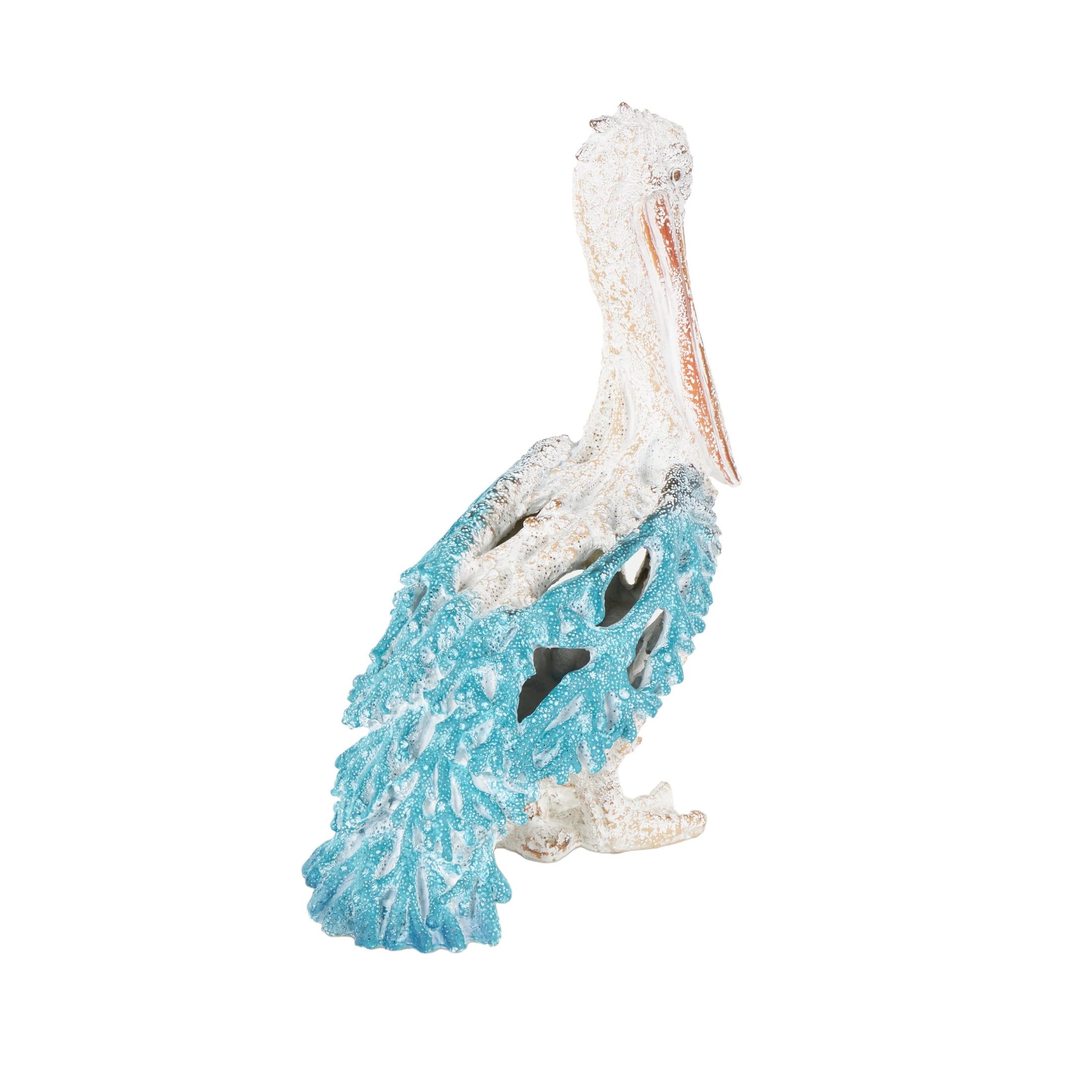 10" x 14" Blue Polystone Textured Pelican Sculpture with Blue Feathers, by DecMode