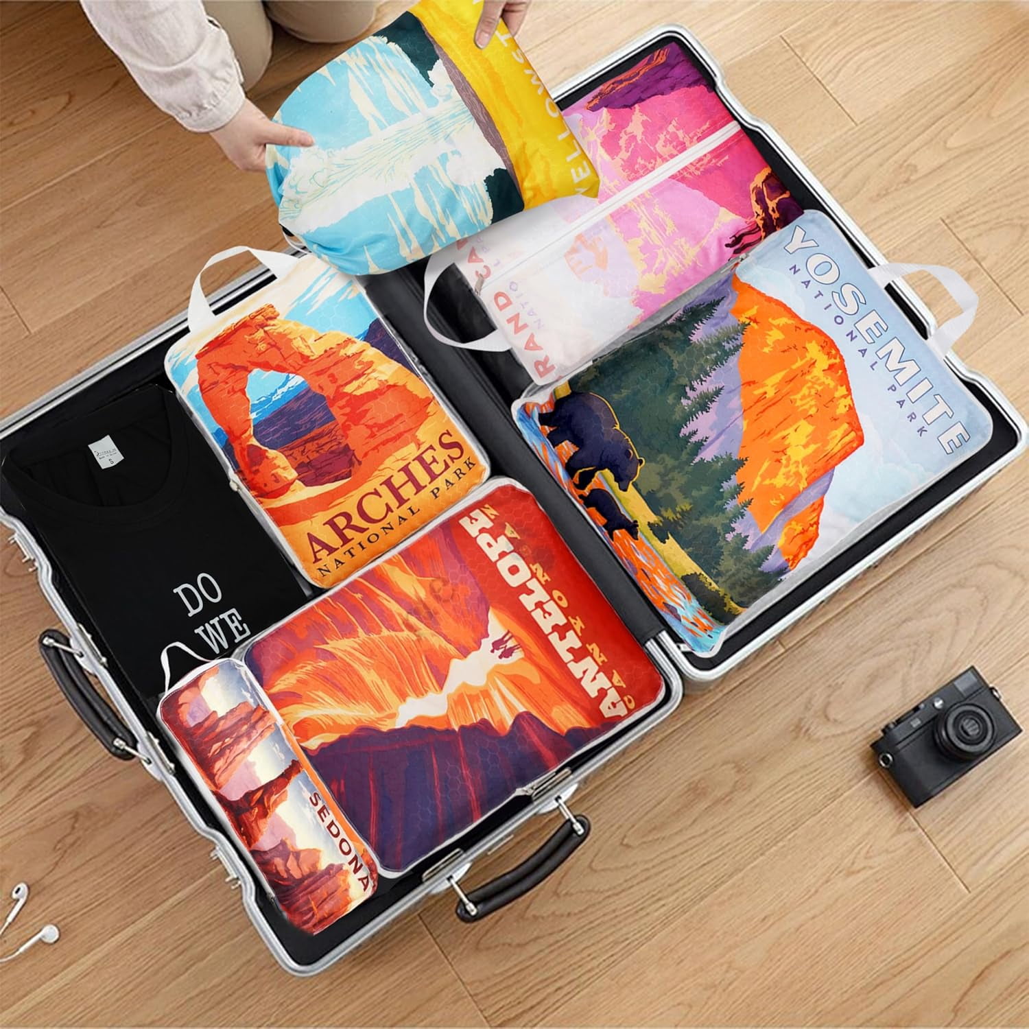 Compression Packing Cubes for Suitcases, 6 Set National Park Travel Luggage Organizer Bags Lightweight Waterproof Smell Proof Packing Cubes as Travel Accessories