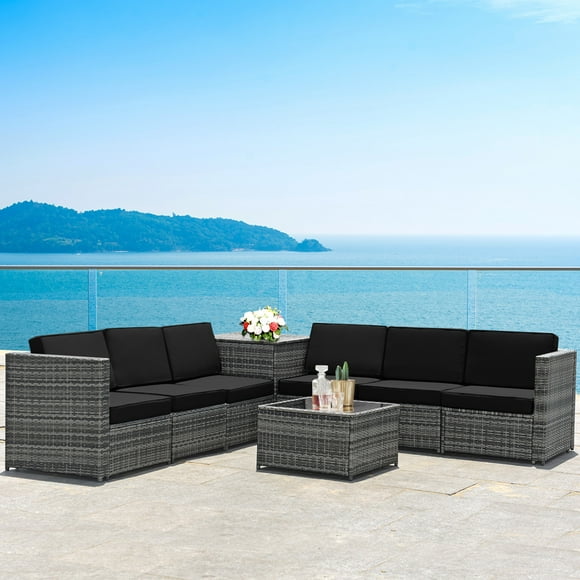 Gymax 8PCS Patio Rattan Sofa Sectional Conversation Furniture Set w/ Black Cushion