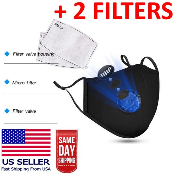 Reusable Washable Cloth Fabric Face Mask Protection Guard w/ Breathing Air Valve 2 Carbon PM2.5 Filters