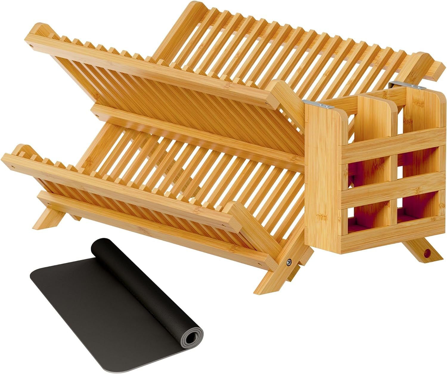 Teak Dish Drying Rack with Utensil Holder, 3 Tier Collapsible Dish Rack, Wooden Dish Racks for Kitchen Counter, Large Folding Drying Holder with Absorbent Dish Drying Mat
