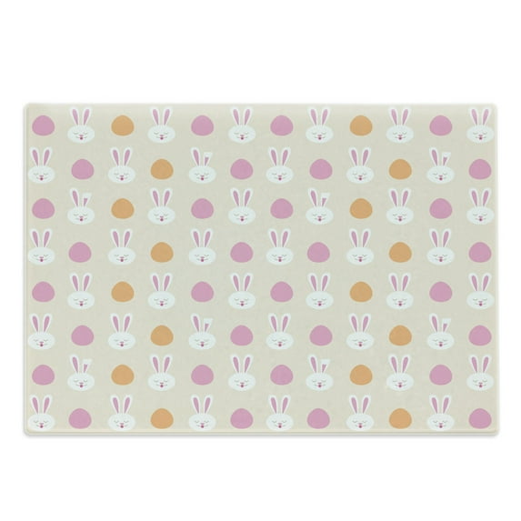 Easter Cutting Board, Cartoon Style Pattern with Bunny Faces and Egg Silhouettes, Decorative Tempered Glass Cutting and Serving Board, Large Size, Pale Pink Orange, by Ambesonne