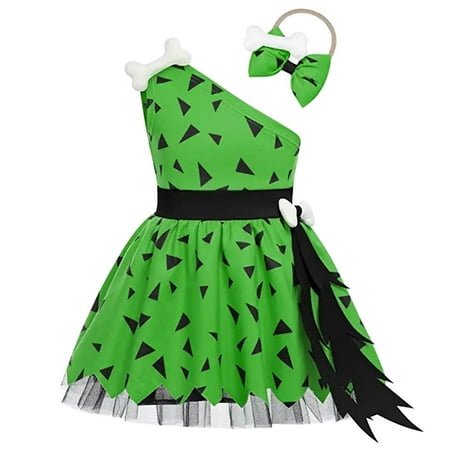 

QBGSAY Toddler Girls Dress Kids Caveman Halloween Dog Bones Historical Cave Mesh Dress Princess Outfits Casual Swing Dresses