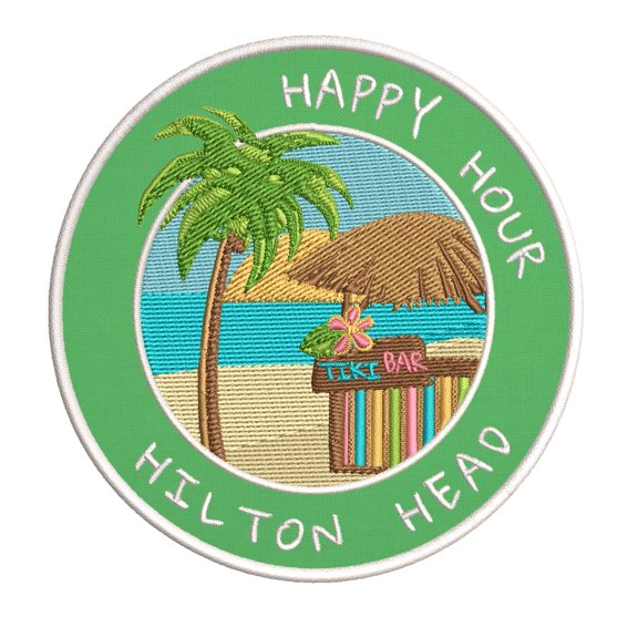 Happy Hour! Hilton Head, South Carolina 3.5 Inch Iron Or Sew On Embroidered Fabric Badge Patch Ocean Beach, Salt Life Iconic Series