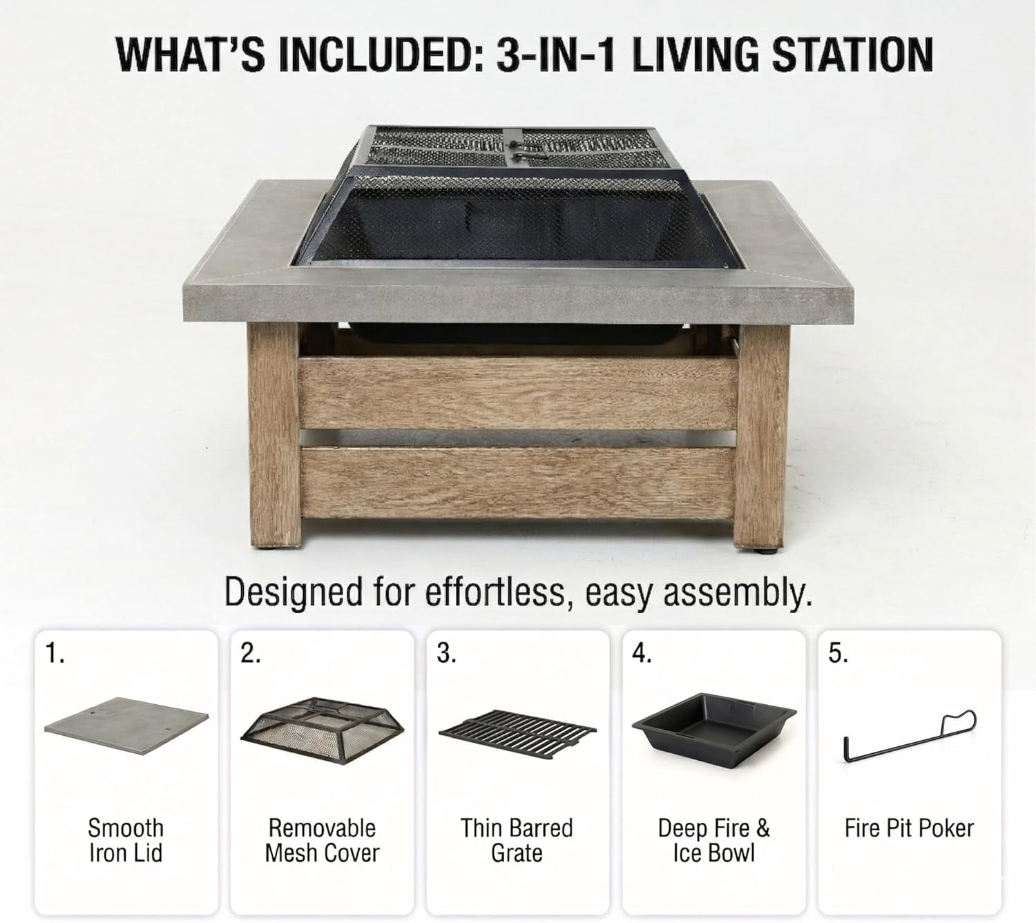34" Wood Burning Fire Pit, Outdoor Fire Pit Table for  Backyard Garden, Large Square Fire Pit for Outside, Metal Firepit with Removable Lid, Mesh Cover, Poker