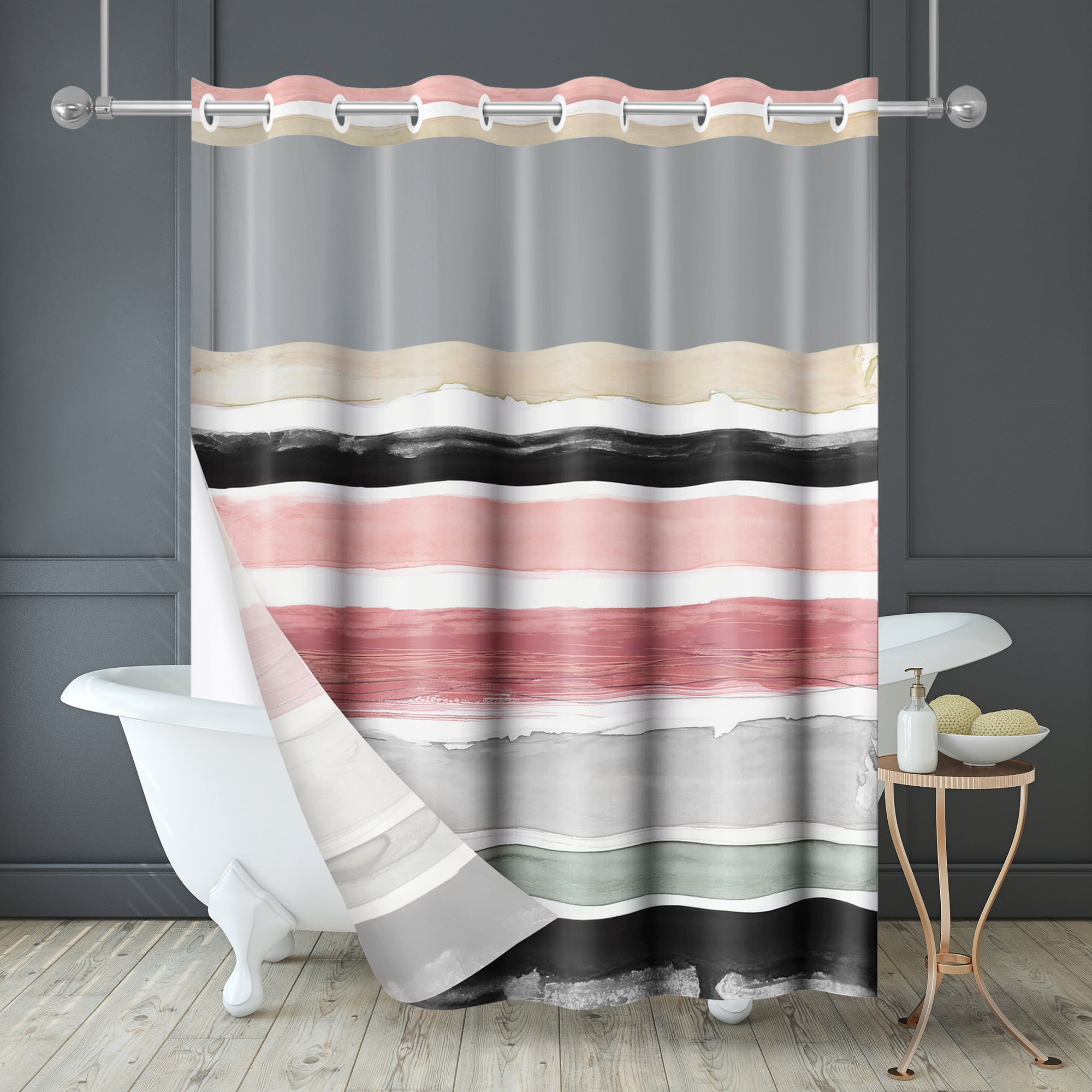 Americanflat 72x75 Hookless Shower Curtain - Abstract Pink Cream Shower Curtain with Sheer Panel, Snap-In Liner, and Grommets - 100% Polyester