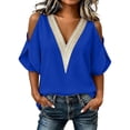 thumbnail image 2 of YVNAURA Women's V Neck Cold Shoulder Tops Lace Trim Hollow Out Short Sleeve Blouse Summer Chiffon Loose Fit Shirt Trendy 2026 Cute Spring Outfits for Women Work Office Beach, Blue,L, 2 of 6