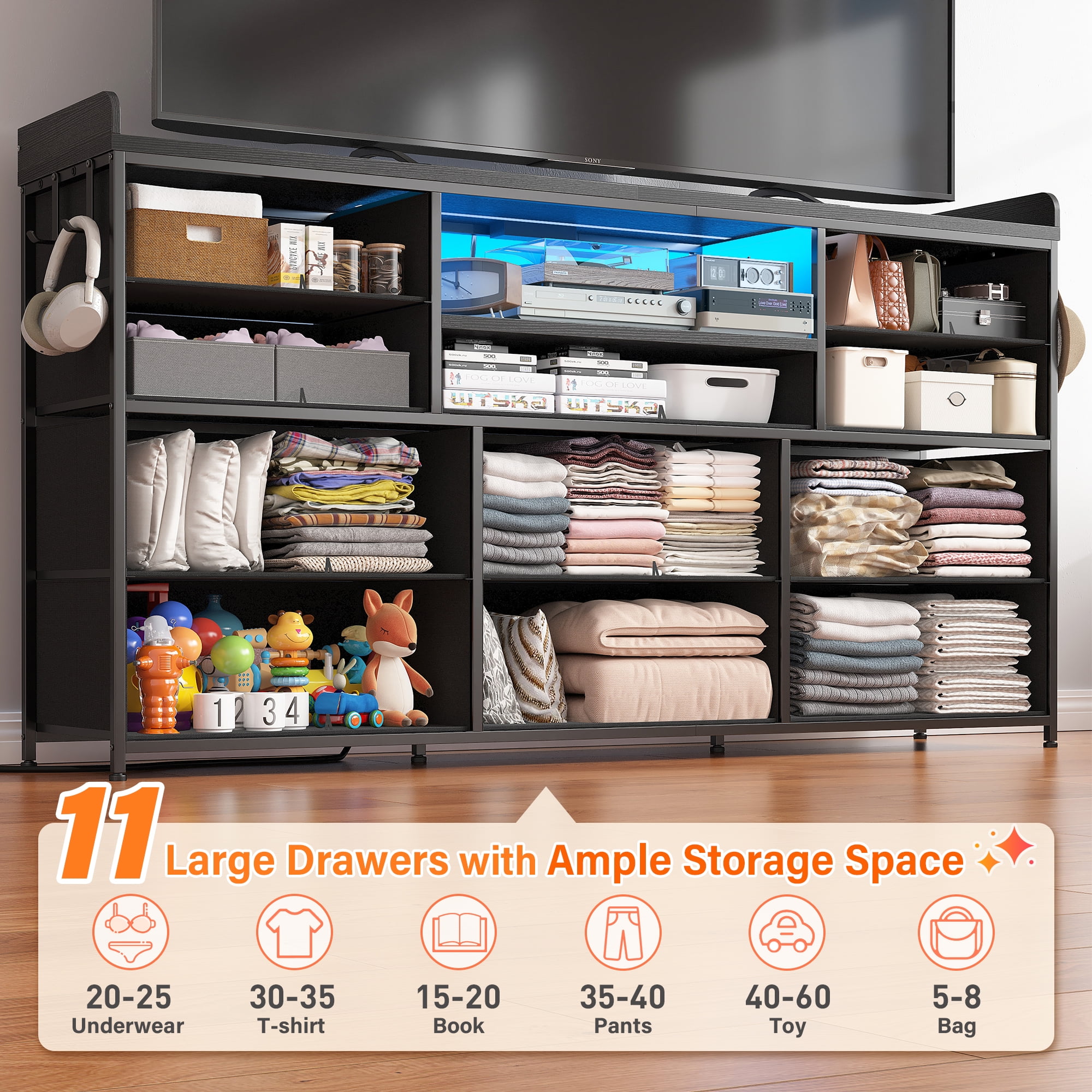 EnHomee Black Dresser with 11 Drawers Dressers for Bedroom TV Stand for 55" TV LED TV Stand with Charging Station Long Dresser with Shelves&4 Hooks,Black