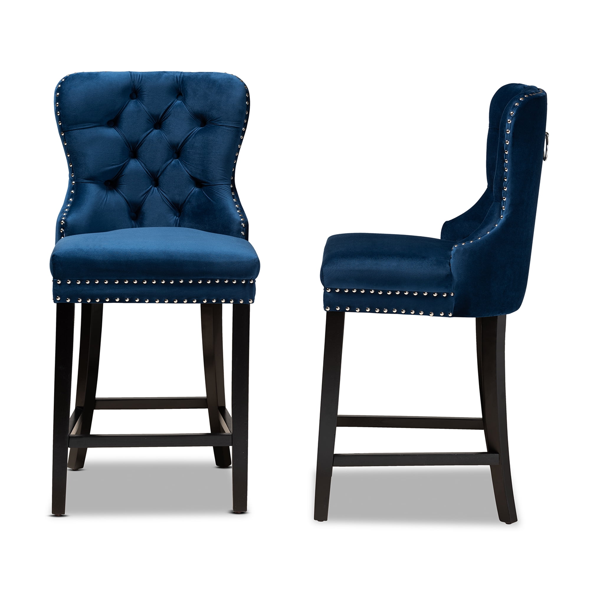 Baxton Studio Howell Modern Transitional Navy Blue Velvet Upholstered and Dark Brown Finished Wood 2-Piece Counter Stool Set