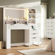 Large Fluted Vanity , Modern Style Makeup Vanity Desk with Lights and Mirrors for Bedroom (White)