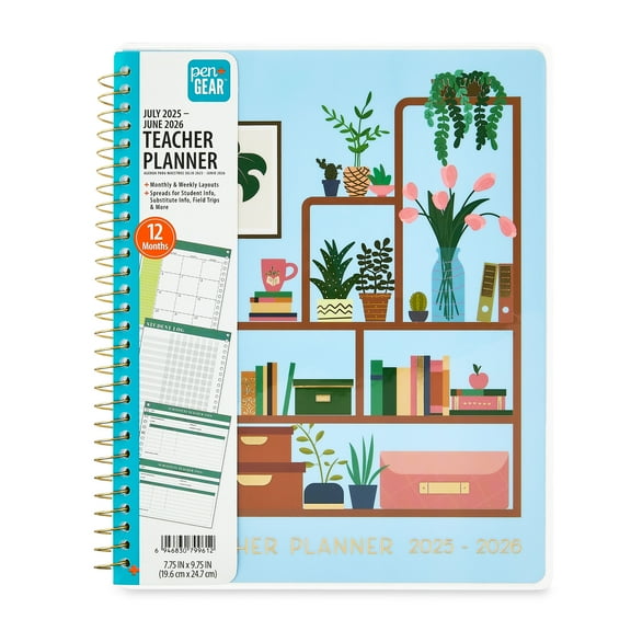 Pen+Gear 12-Month Teacher Planner, Bookshelf, 7.75" x 9.75", Multicolor, July 2025-June 2026