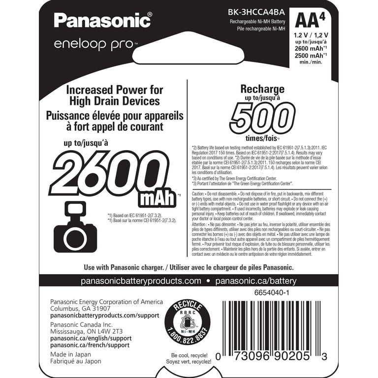  Panasonic BK-3HCCA4BA eneloop pro AA High-Capacity Ni-MH  Pre-Charged Rechargeable Batteries, 4-Battery Pack : PANASONIC: Health &  Household