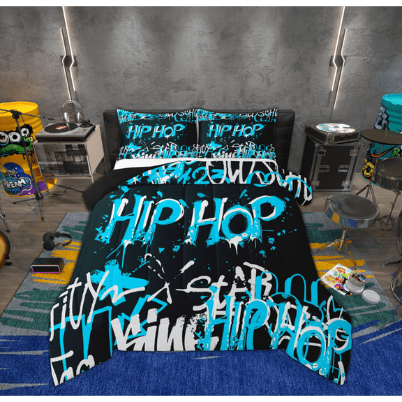 Feelyou Hip Hop Music Bedding Comforter Set for Child, Black Blue Graffiti Twin Comforter Sets, Street Artwork Reversible Bedding Set, Microfiber Bedroom Decor, 2 Pieces