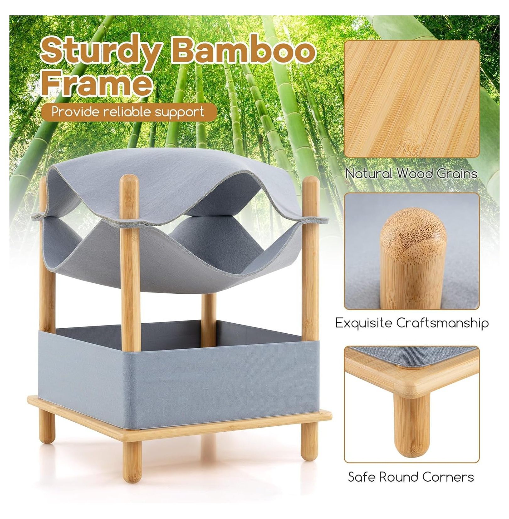 Elevated Cat Bed for Indoor Cats, 2-Tier Cat Cave with Felt Hammock, Bamboo Frame, Storage Shelf - Small Condo for Kittens & Adult Cats