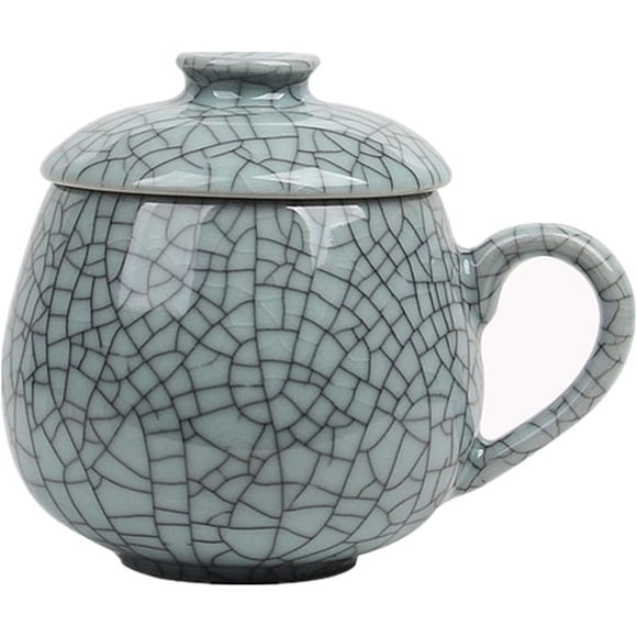 Teacups Celadon Coffee Mugs with Lid 10-Ounce Ceramic Porcelain Drinkware(Grey)