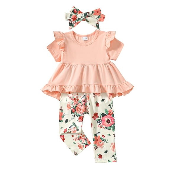 12 Months Baby Girls Clothes 18 Months Girls Pant Set Outfits Set Toddler Girls Short Sleeve Top Floral Pants Headband 3PCS Set Pink