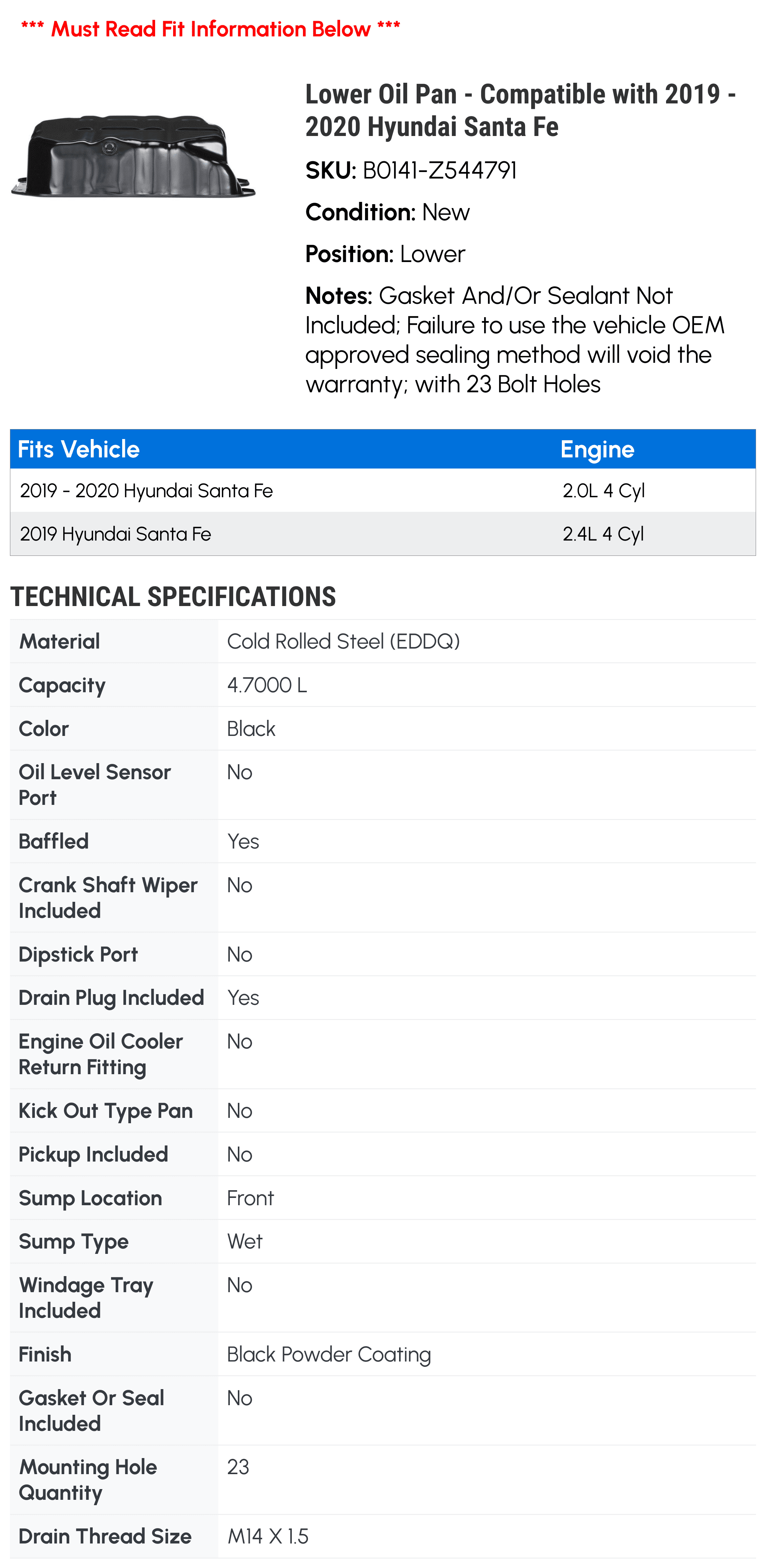 Lower Oil Pan - Compatible with 2019 - 2020 Hyundai Santa Fe - Spectra Premium