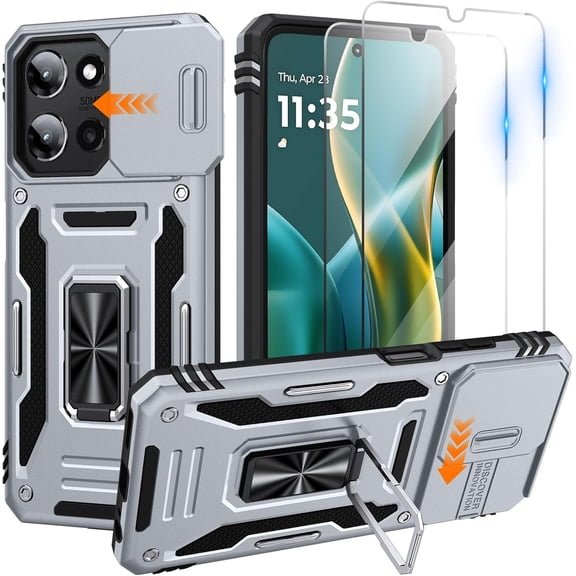 MUKO Moto G Power 2025 Case/Moto G Power 2026 Case with 2 PCS HD Screen Protector, Slide Camera Cover Military Grade Drop Protection 360 Ring Holder Kickstand, Heavy Duty Shockproof, Gray