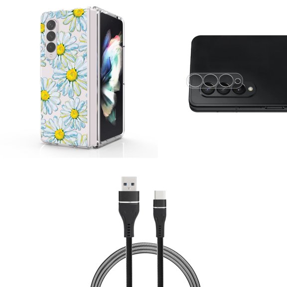 Accessory Bundle for Galaxy Z Fold 4: Slim Snap-On Case (Daisies), Rear Camera Glass Protector, Nylon Braided USB-C to USB-A Cable (3 Feet)