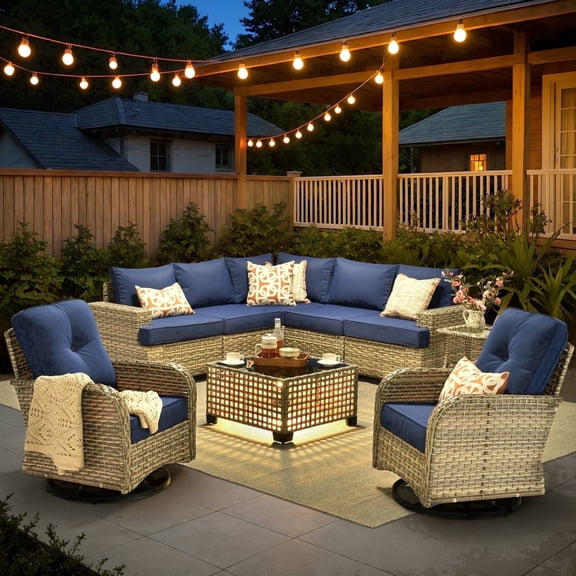 XIZZI 9-Piece Outdoor Patio Sectional Furniture Sets, Wicker Patio furniture with Coffee Table and Swivel Chairs, Waterproof Outdoor Conversation Set for Balcony, Porch, Backyard, Navy Blue