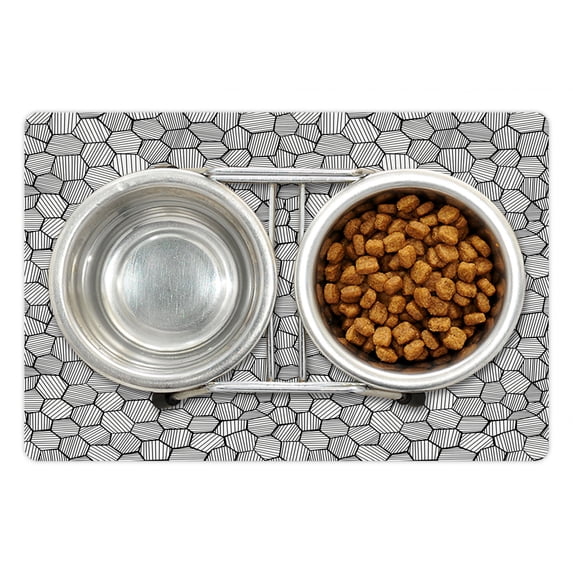 Geometric Pet Mat for Food and Water, Hand-Drawn Sketch Deformed Hexagon Shapes Inspired from Honeycomb Structure, Non-Slip Rubber Mat for Dogs and Cats, 18" X 12", by Ambesonne